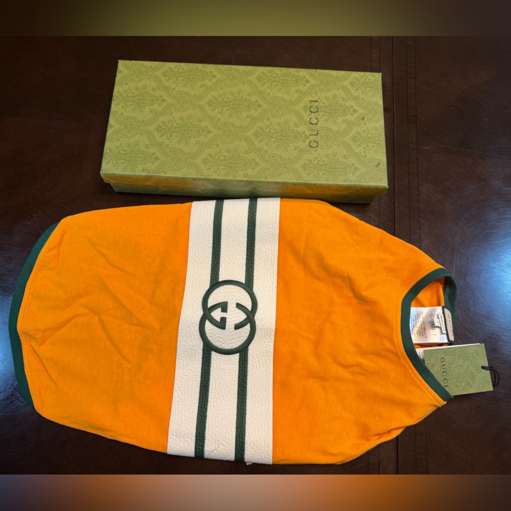 New Authentic Gucci GG Logo Dog Shirt Clothes Gold Green Size L